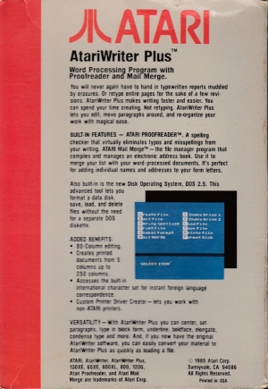 Atariwriter Plus disk back